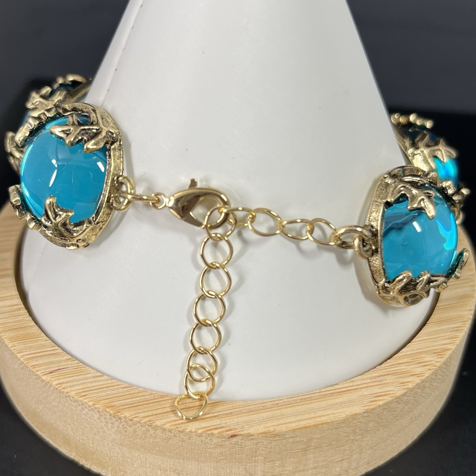 Turquoise Gripoix Glass Cabochon Bracelet Gold Tone Bezel Wide Chunky Statement
