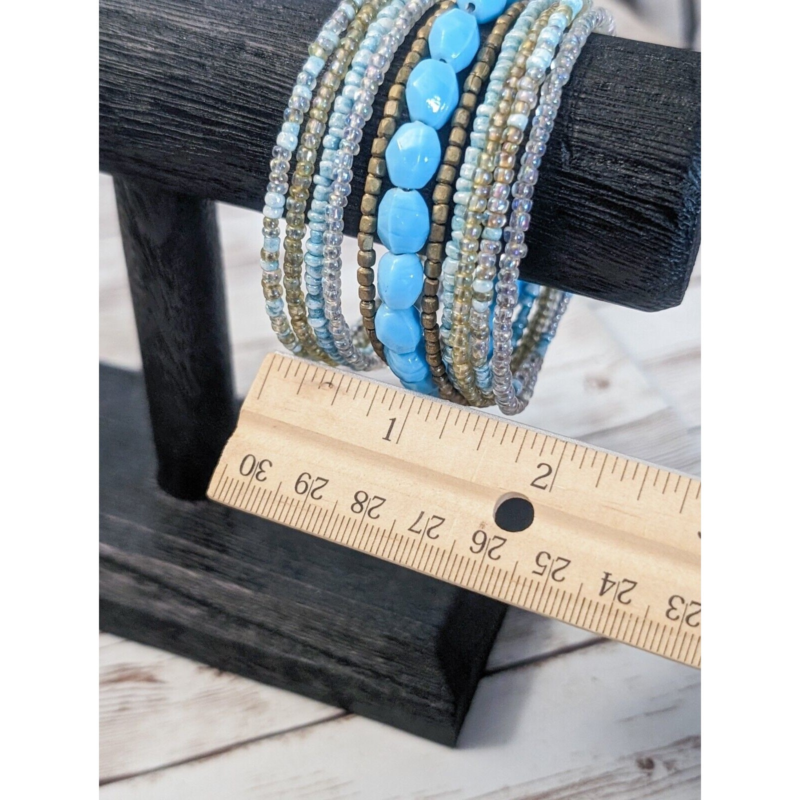 Vintage Wrap Bracelet / Bangle – Beaded Light Blue & Bronze Tones