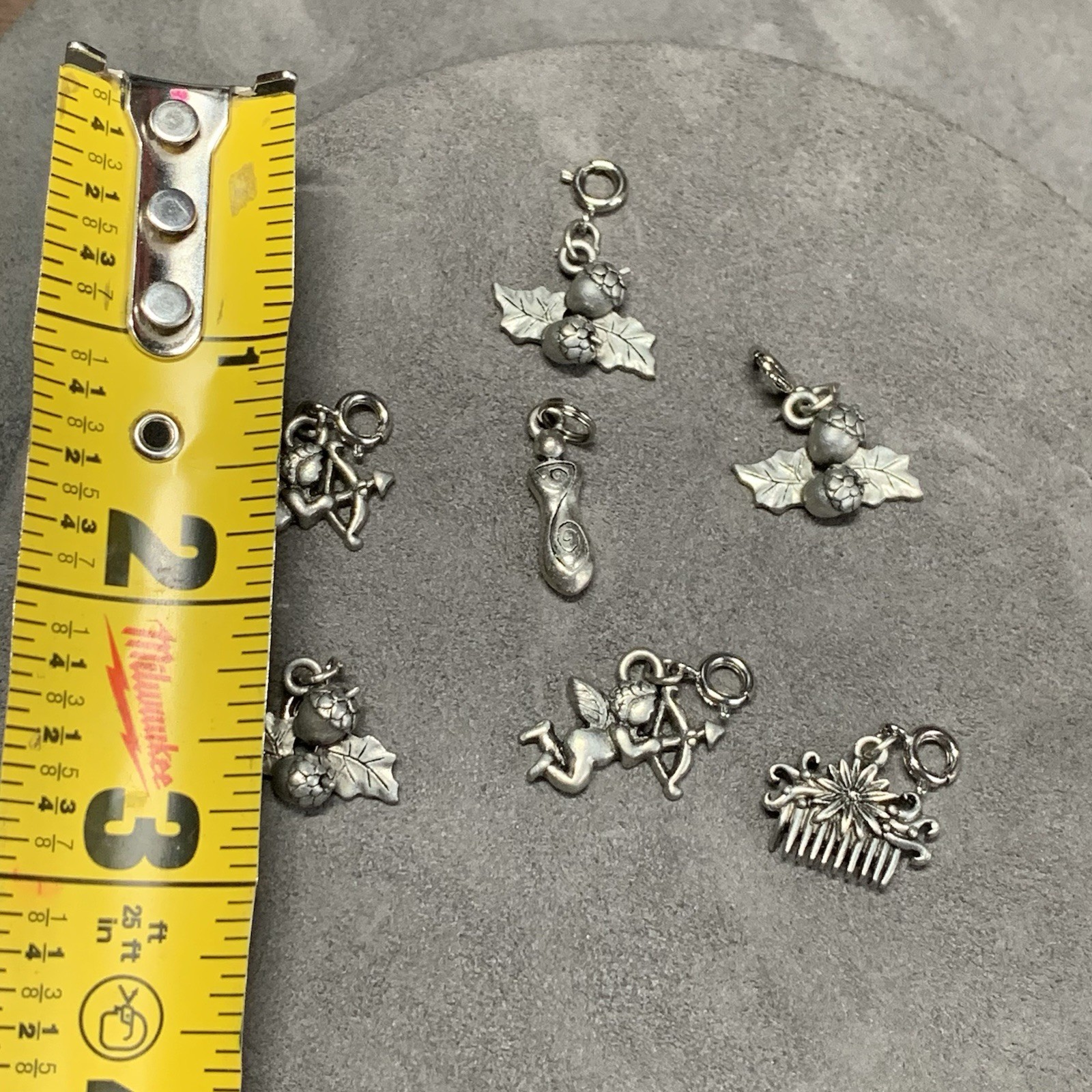Vintage R.I. Bead Dangle 3D Charm Silver Tone Acorns Cupids & More, Lot Of 7.