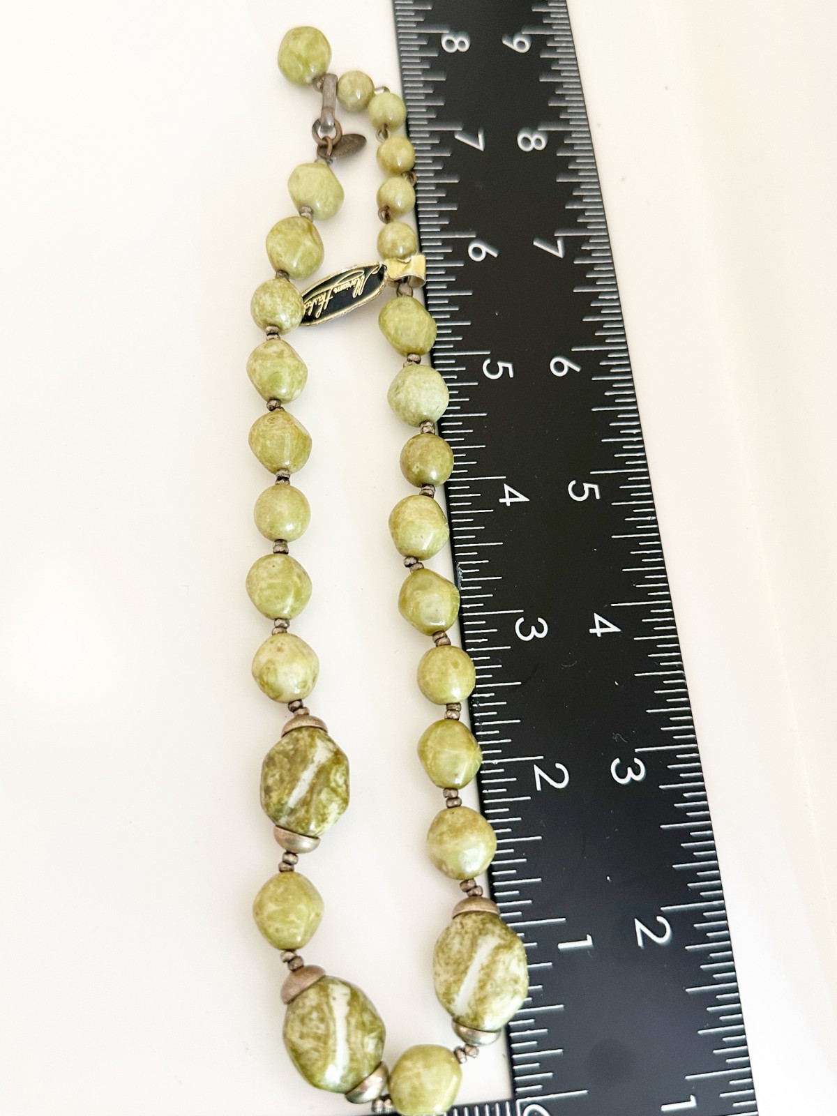 Vintage Signed Miriam Haskell Marbled Green Glass Nugget Bead Statement Necklace