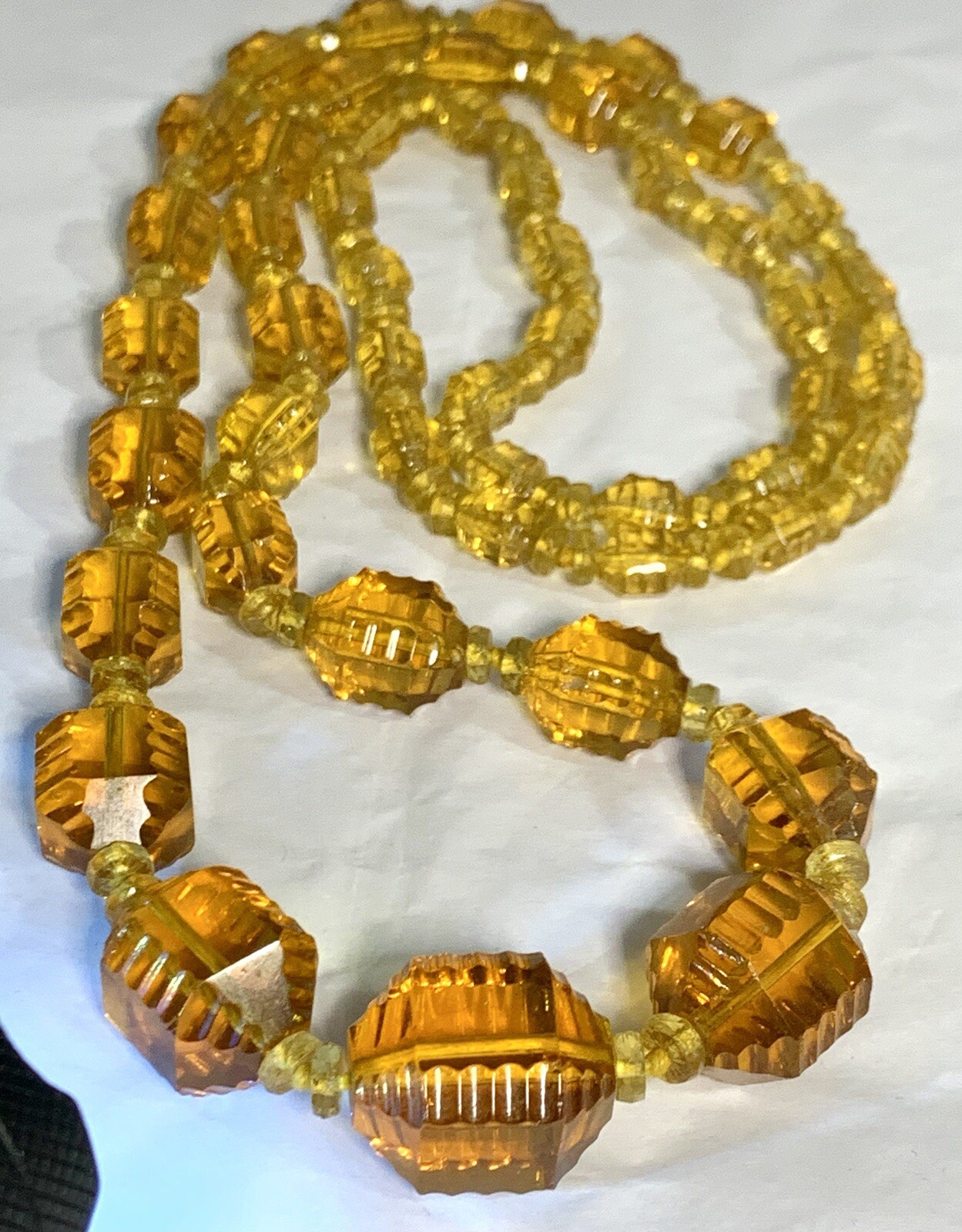 Vintage STUNNING Amber Czech Glass Lozenge Hand Knotted Beaded Necklace 36″ !