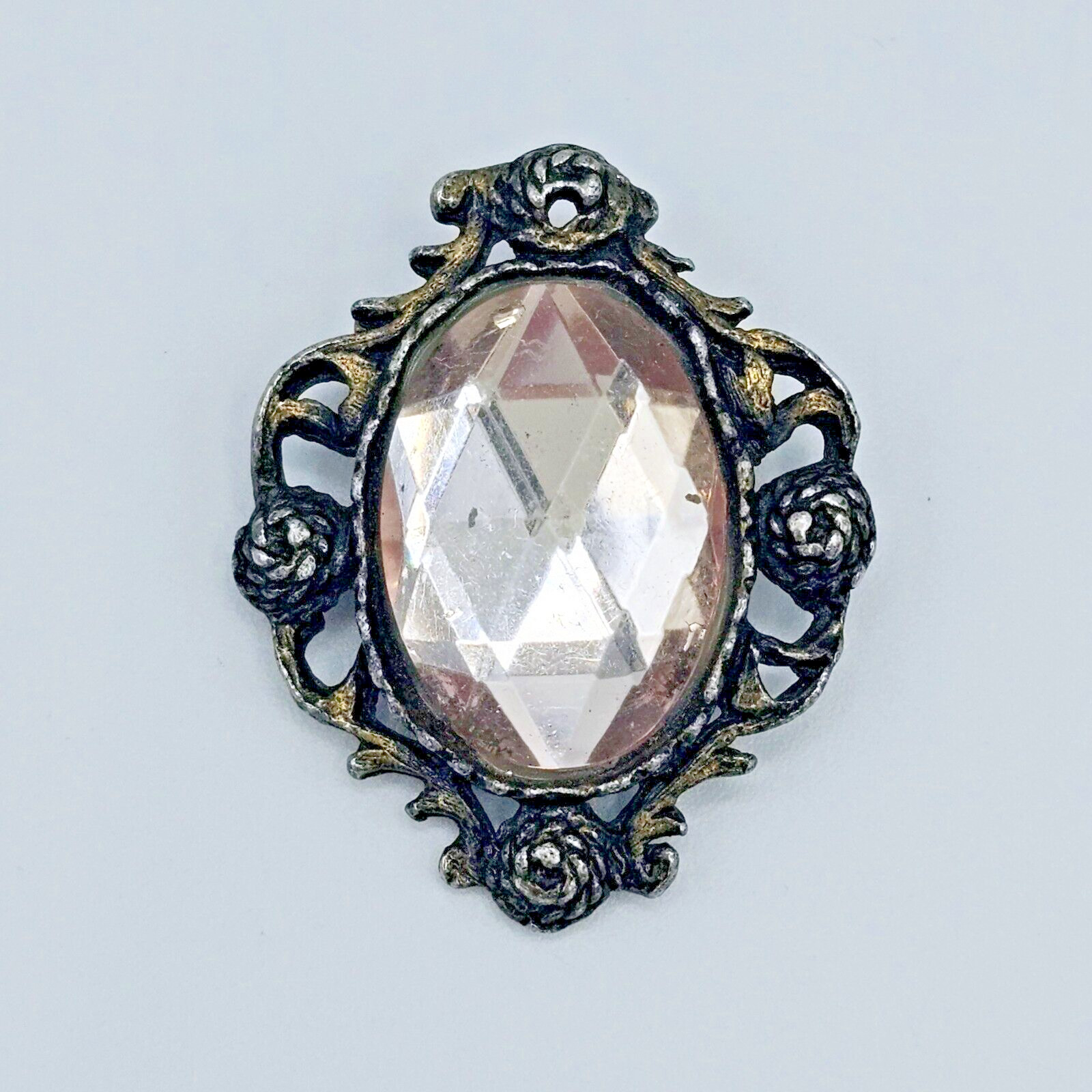 Victorian Faceted Gem Brooch Pendant Vintage Pale Pink Rope Flowers Estate Pin