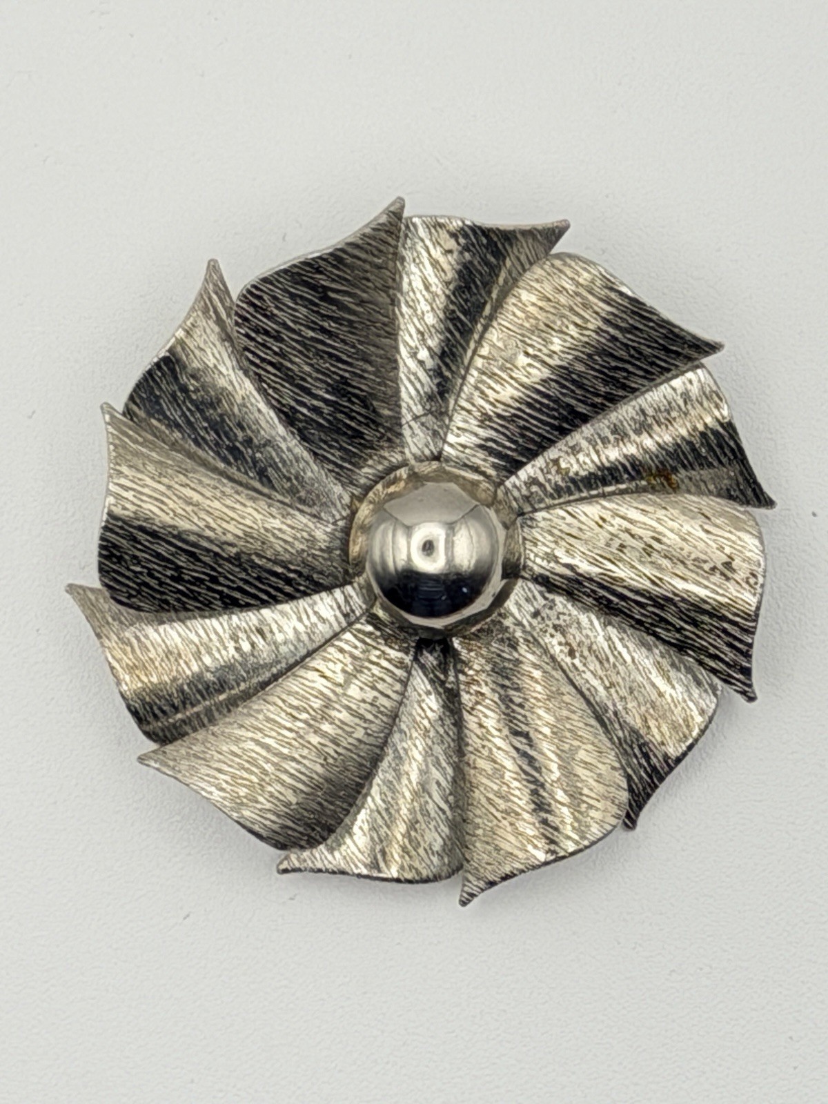 Vintage Silver Tone Pinwheel Flower Brooch Textured Modernist Auction Find