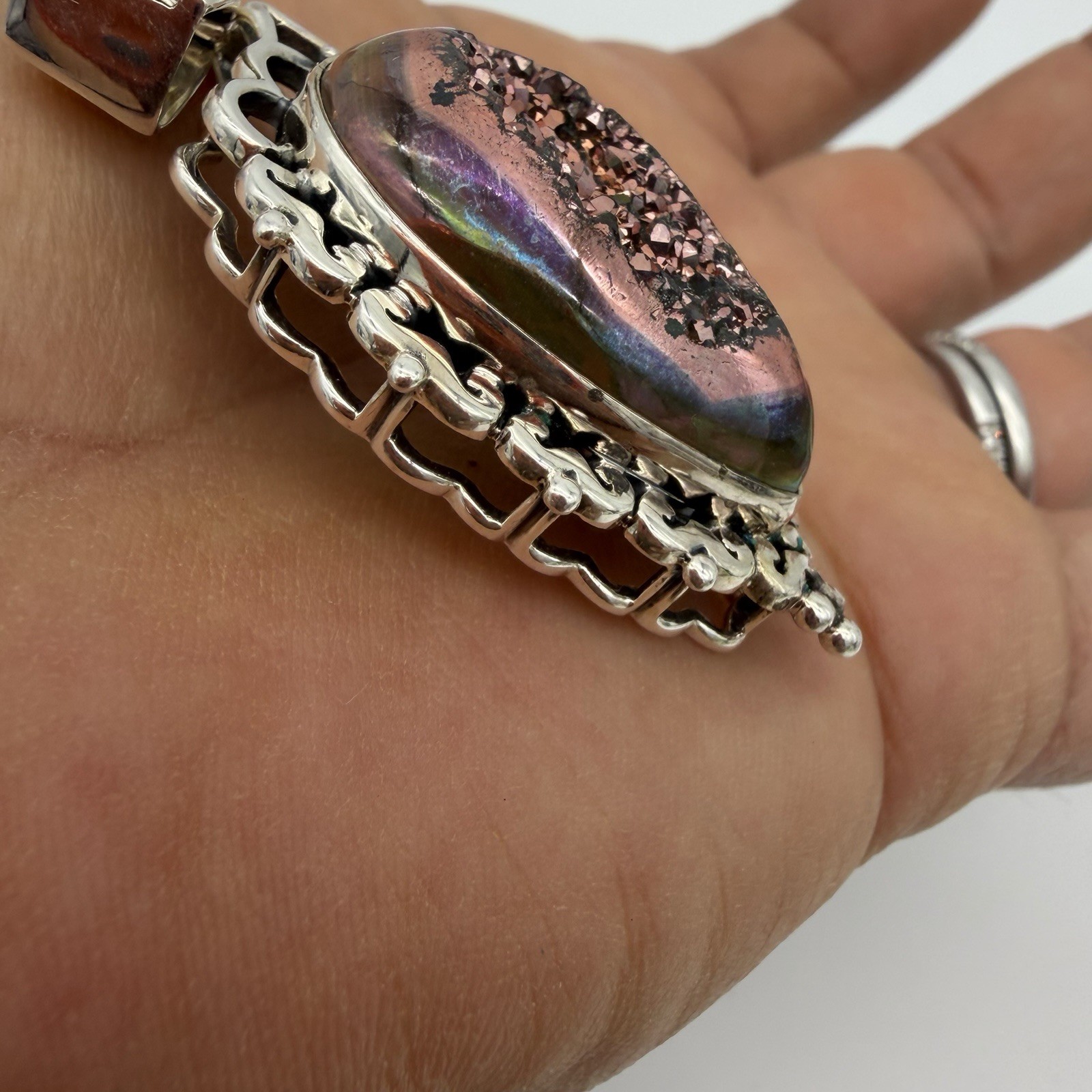 Vtg 925 Sterling Silver Pink Druzy Quartz Pendant 15.9 Signed GS QVC HSN Estate