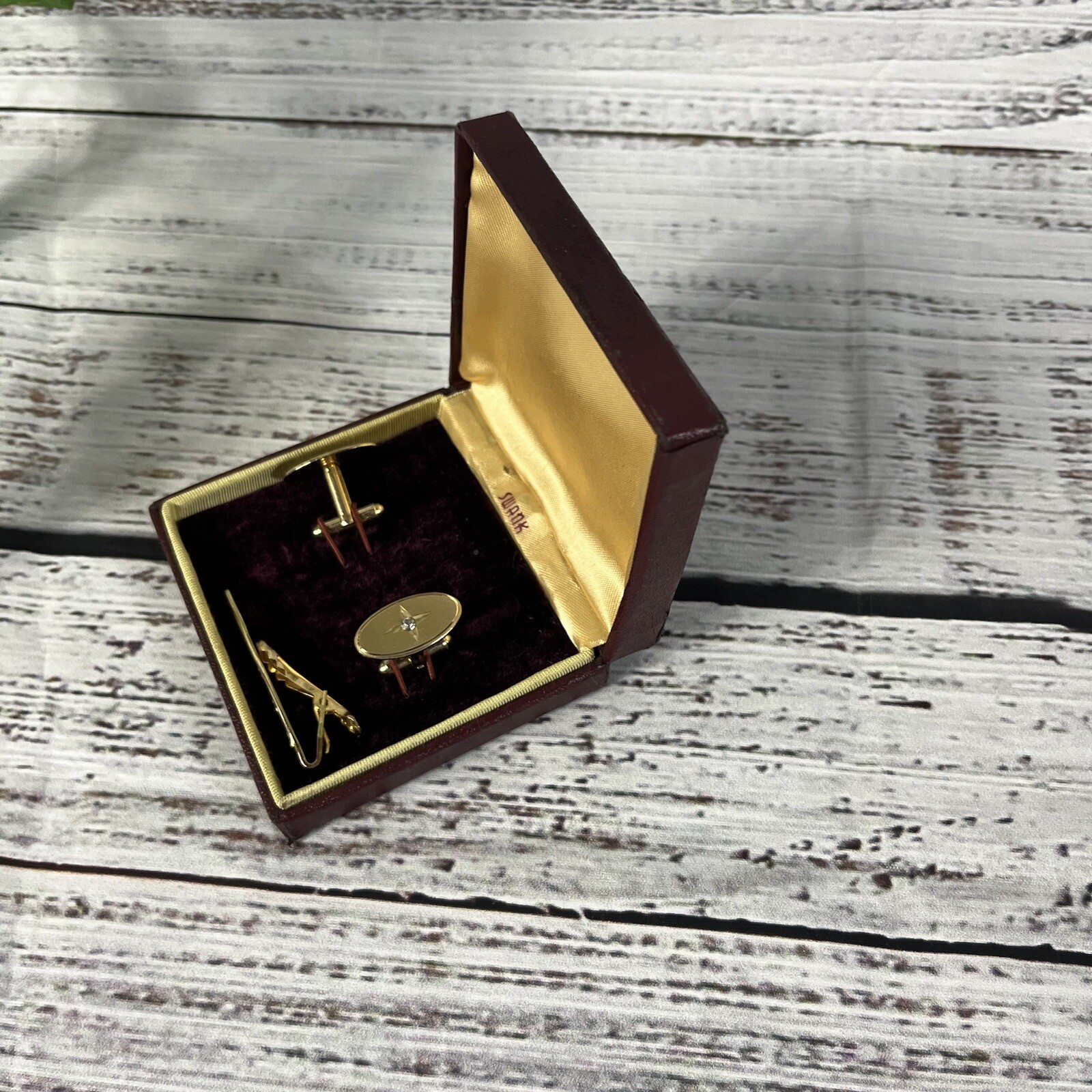 Swank Vintage Brushed Gold Faux Diamonds Mens Cufflinks & Tie Clip w/ Box