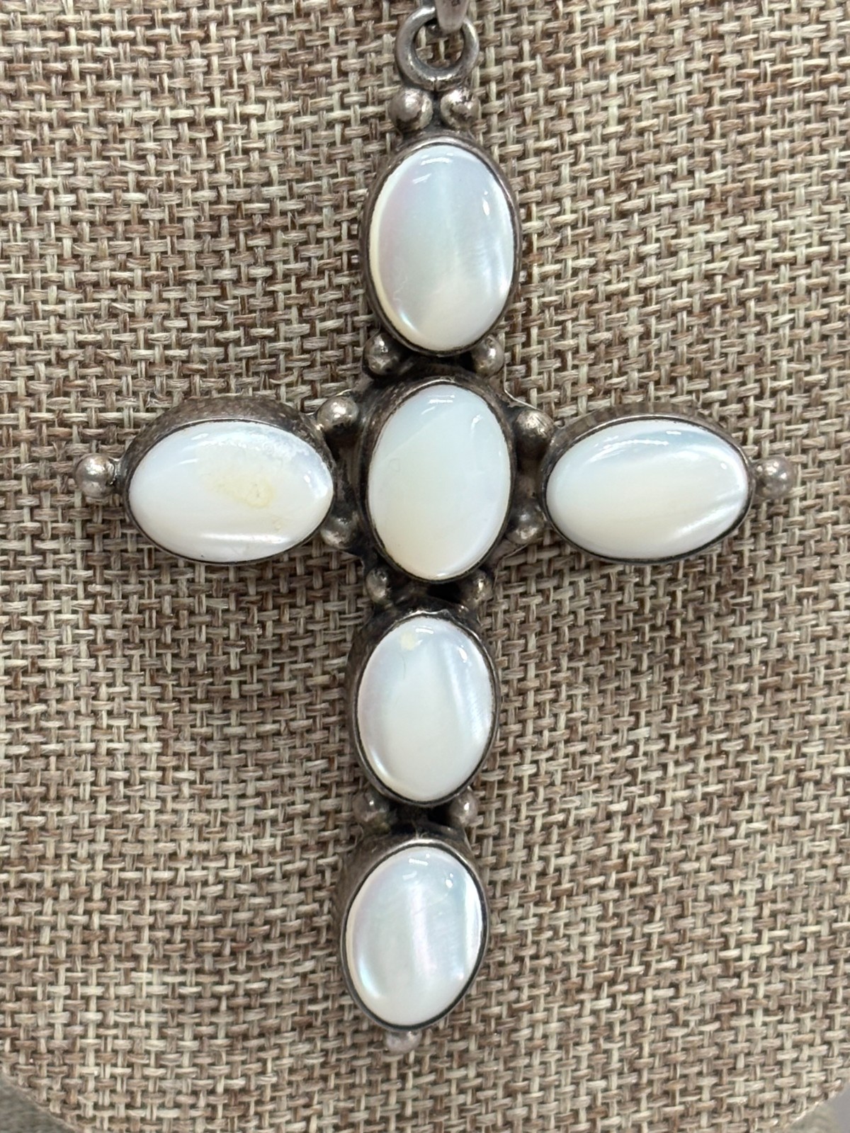 Vtg ATI Mexico Sterling Silver 925 MOP Cross Pendant, Snake Style Necklace 34 gr