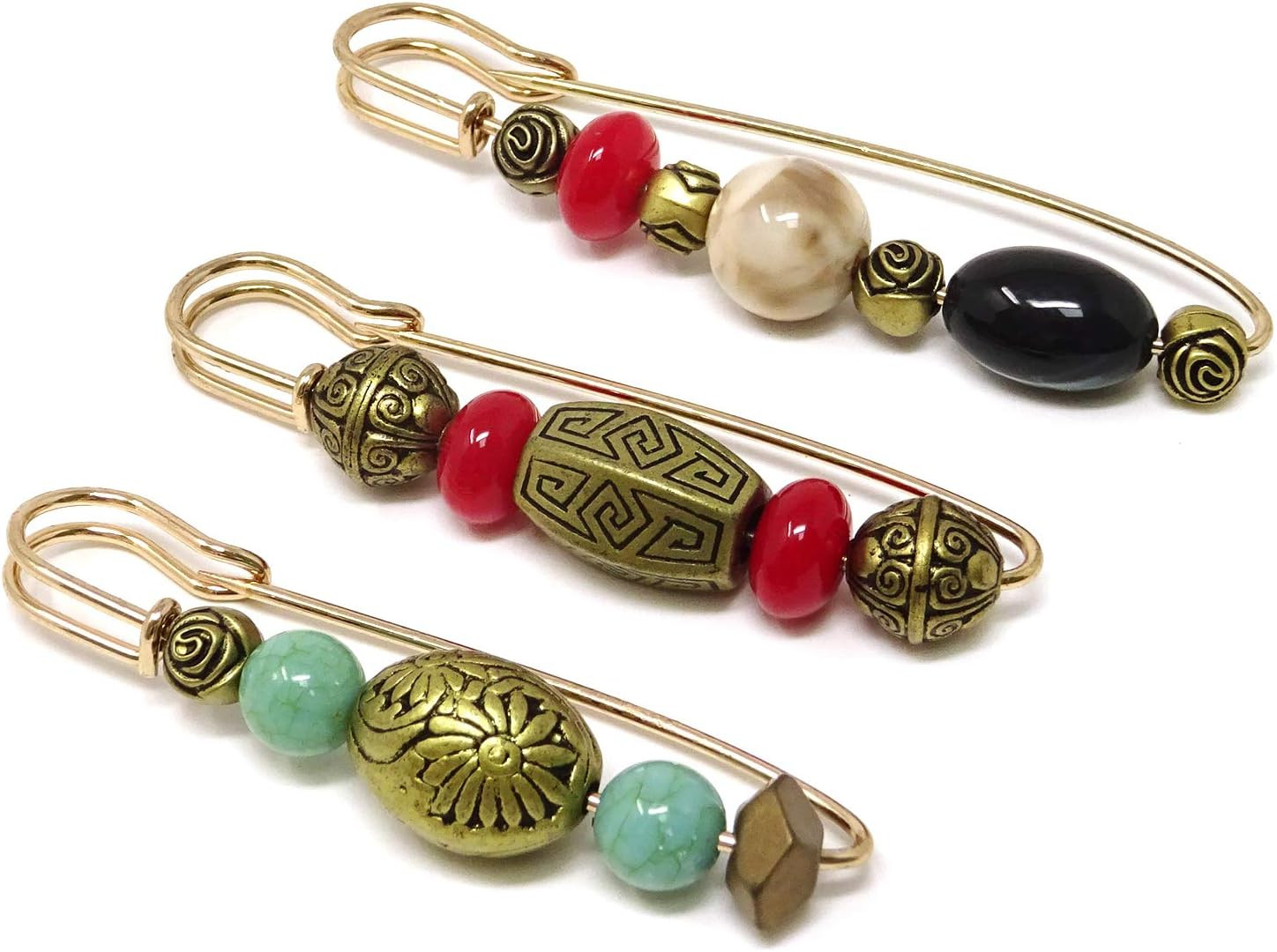” 3PCS Vintage Beaded Brooch Large Safety Pins for Sweaters, Shawls, Collars, Dr