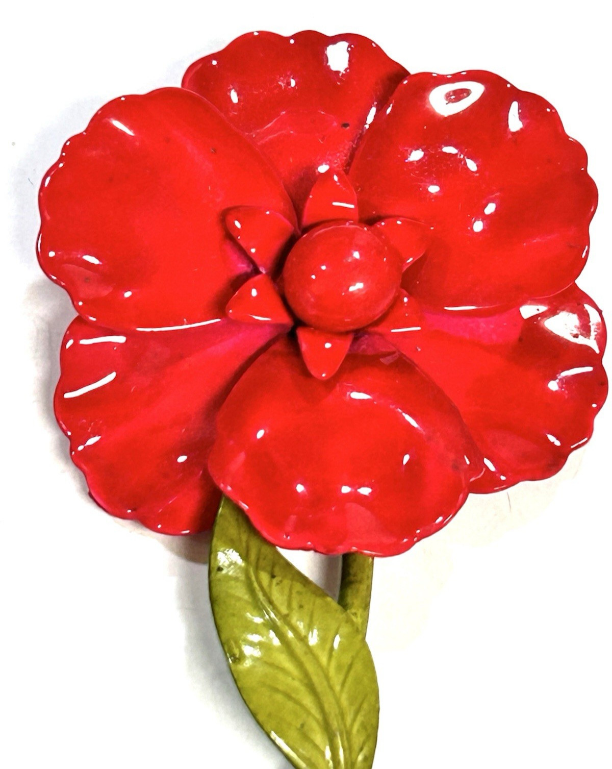 VINTAGE RED ENAMEL POPPY FLOWER METAL PIN 3″