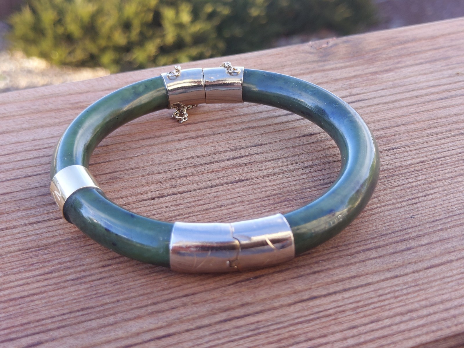 Lovely Hinge Jade Bangle Bracelet Dark Green Jadeite Pale Gold Tone Vintage