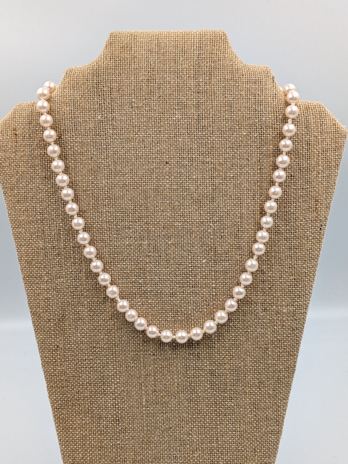 Vintage Faux Pearl Necklace Knotted with silver tone fish- hook clasp unbranded