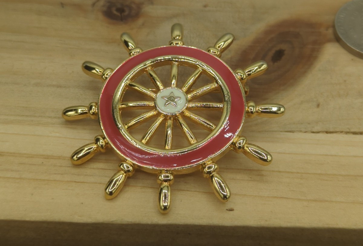 Vintage Danecraft Red Enameled Metal Nautical Ship Wheel Brooch Pin 2”