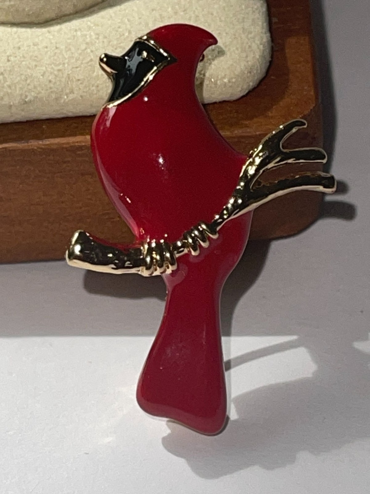 Cardinal Bird Brooch Pin With Gold-Tone Branch Red Enamel Finish