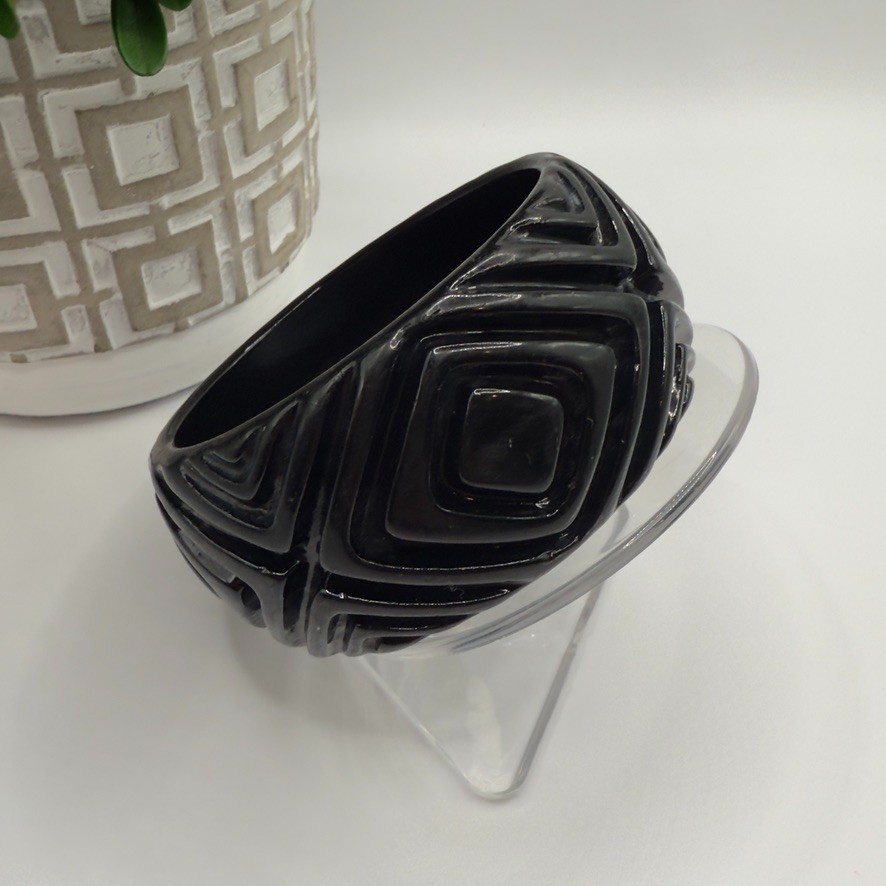 Vintage Black Lucite Bangle Bracelet Wide Carved Geometric Retro Statement