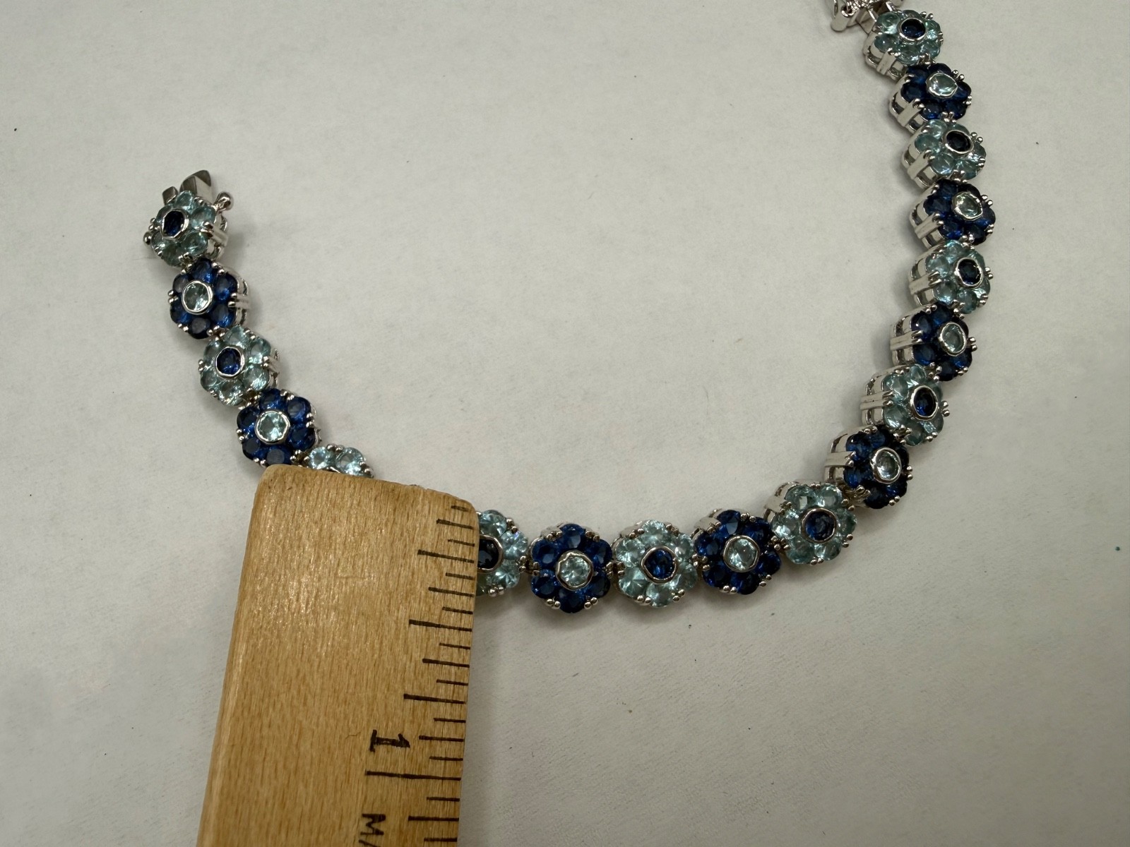 ESTATE SILVER PLATED SAPPHIRE AQUA BLUE CRYSTAL CLUSTER FLOWER BRACELET