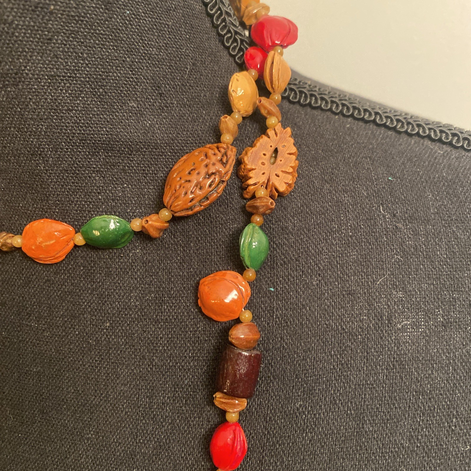 Vintage Boho Long Seed Nut Wood Bead Statement Necklace Colorful Chunky Natural