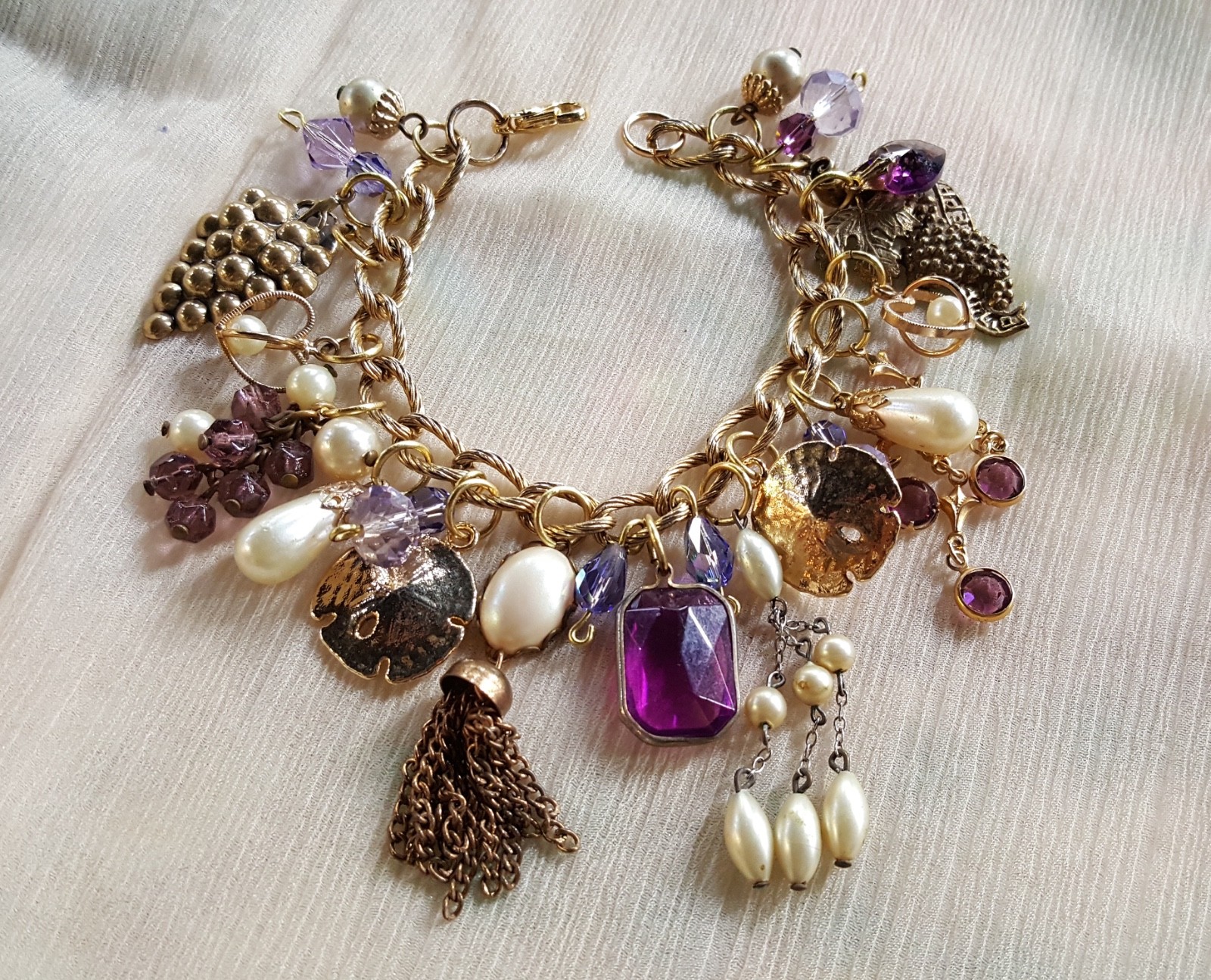 Artist Upcycled Gold-Tone Charm Bracelet Purple & Foe Pearl Vintage Charms