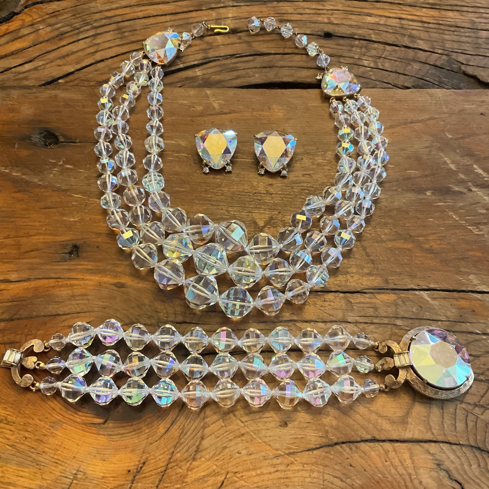Vintage Laguna LARGE AB Faceted Crystal Glass Bead Necklace Bracelet Earring SET