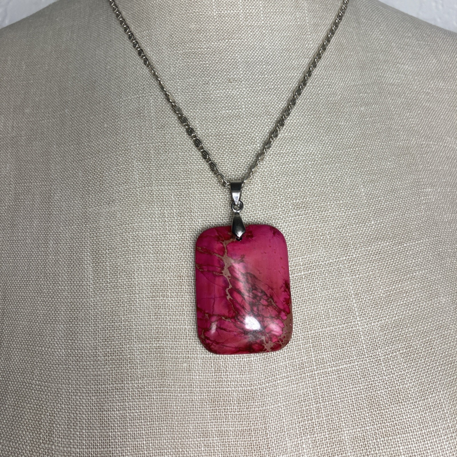 Polished Pink Stone Pendant 2.5″ Rounded Rectangle 19″ Silvertone Chain Necklace