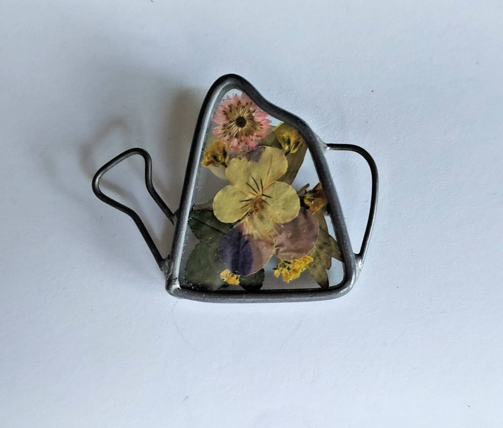 Vintage Flower Pin Watering Can Garden Signed Papel Incassed Glass Violet Brooch