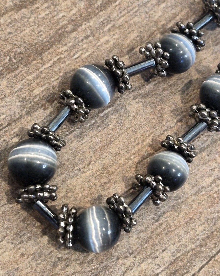 Vintage Glass Bead Necklace w/ Intricately Detailed Spacers, Toggle Closure