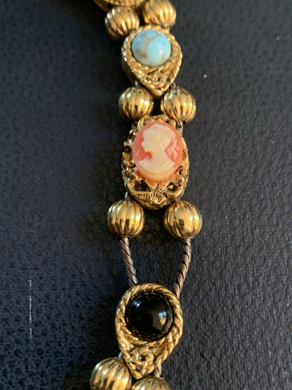 Vintage Victorian charm slide bracelet Gold Tone Faux Gemstones Free Ship