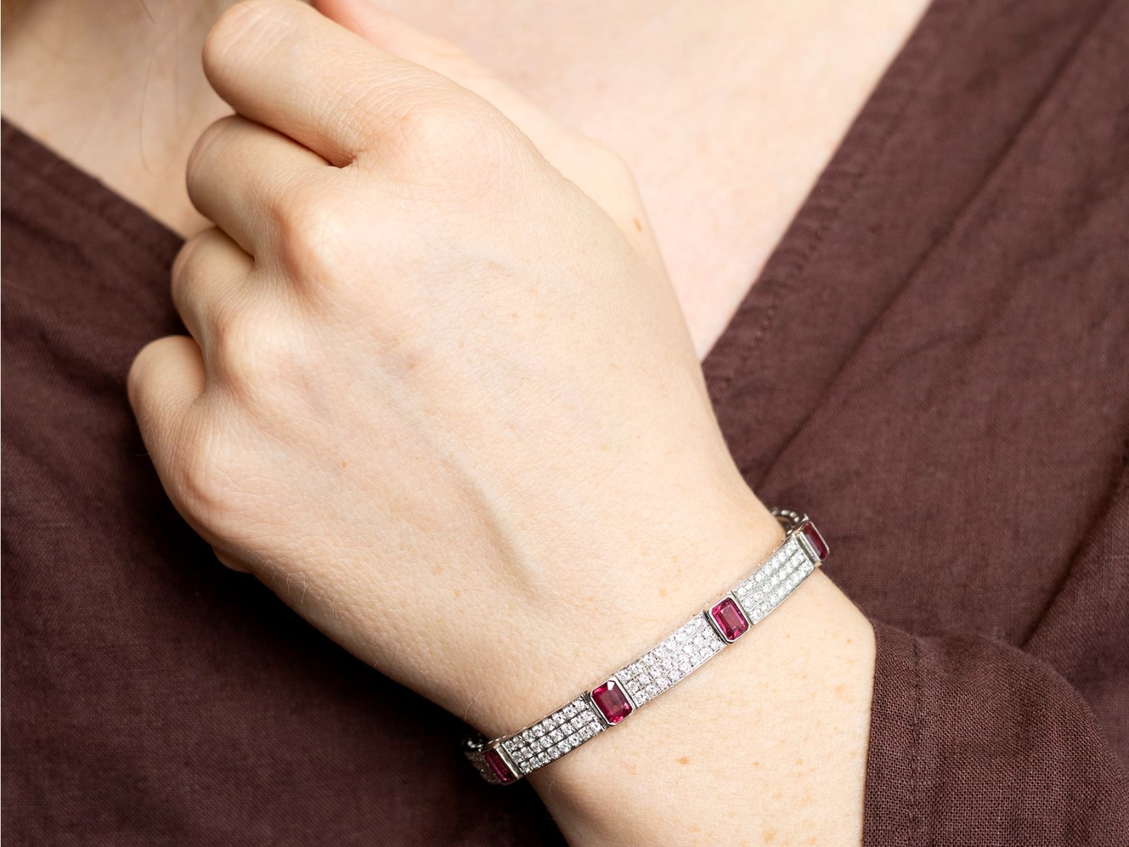 7.80Ct Pink Tourmaline and 6.72Ct Diamond 18k White Gold Bracelet Circa 1990