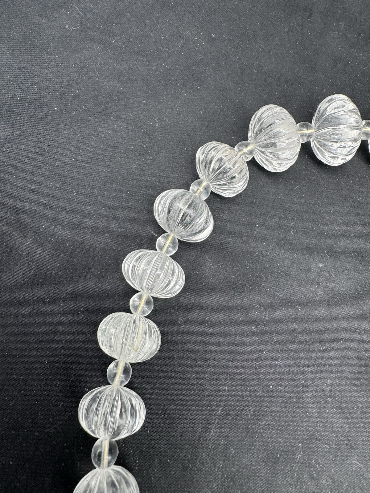 Vintage Hand Carved Rock Crystal MELON BEAD Necklace, 169 grams, 20″