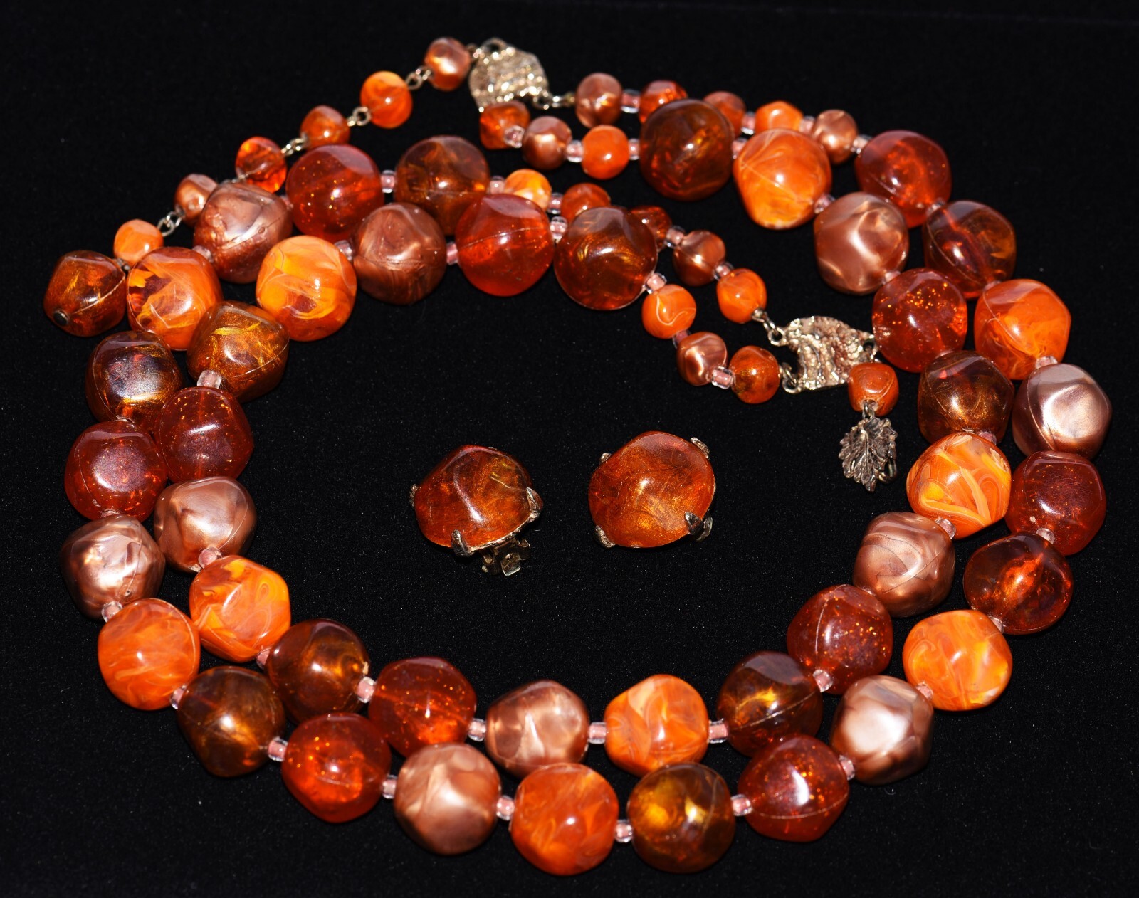 ZENTALL Chunky MARBLEIZED Shades of ORANGE Beaded NECKLACE and EARRING SET