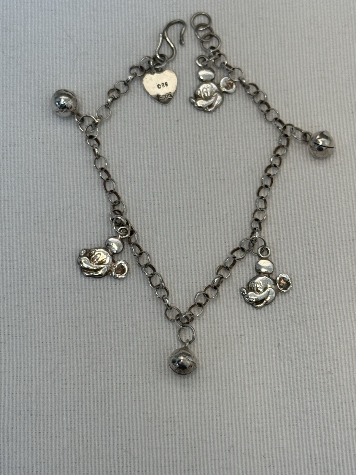 Rare Vintage 1940s 980 Silver MICKY MOUSE Charm Bracelet & Asian Maker Mark