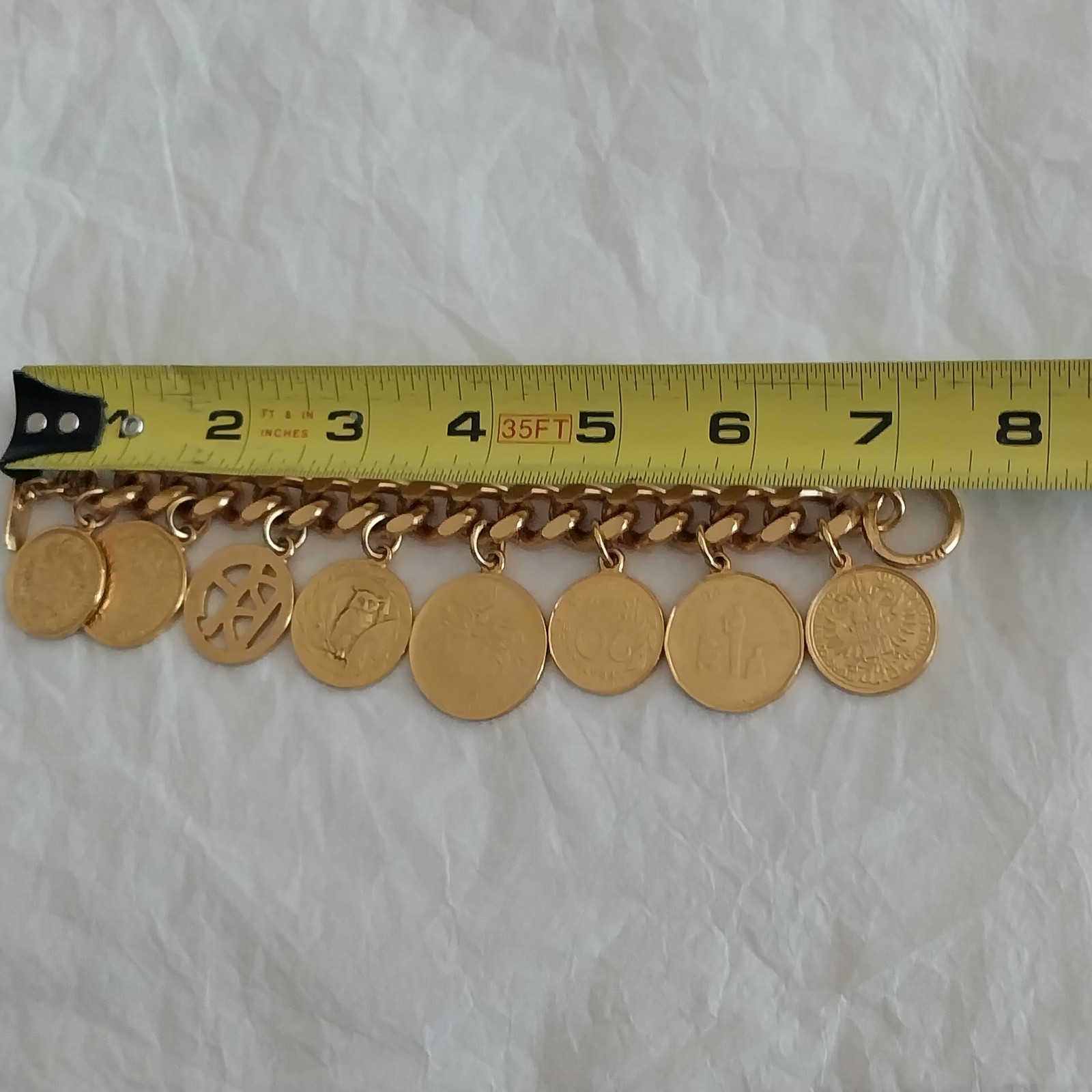 Vtg Ben Amun Gold Tone Coin Charm Chain Toggle Bracelet 7.5” Statement Estate
