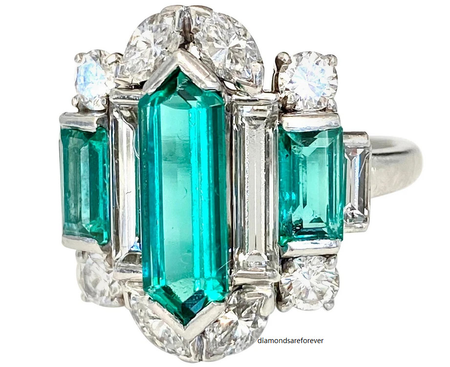 Fancy Cut Vivid Green 14.68CT Emerald With Old European Cut CZ Art Deco Ring