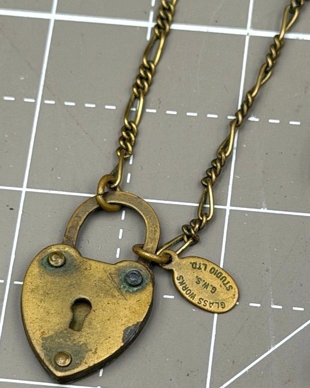 Vintage Glass Works Studio Charm Necklace Brass Glass Hearts Eagle Moon Stars