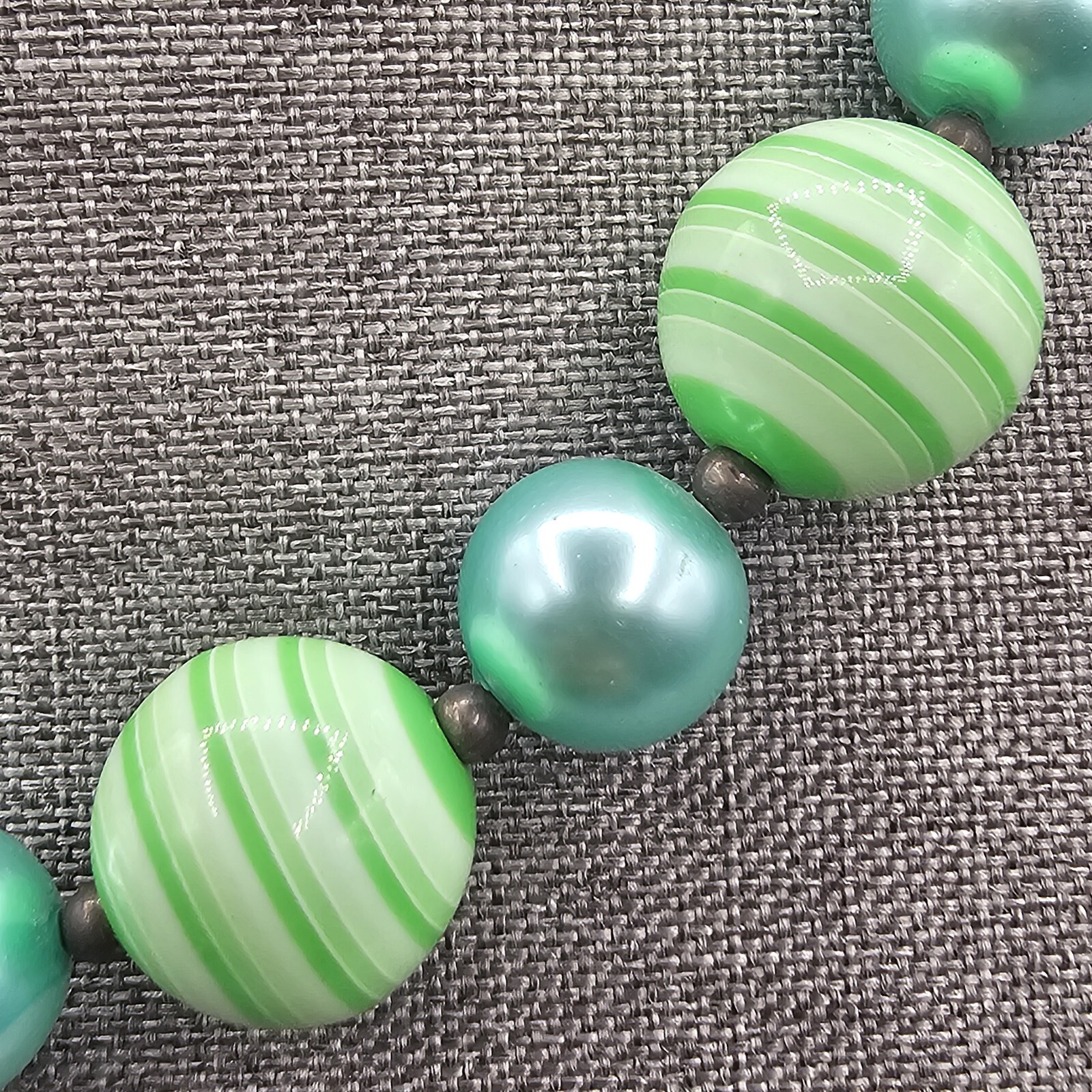 Vintage Gumball Bead Necklace Green Stripe Blue Metallic SIngle Strand 22″