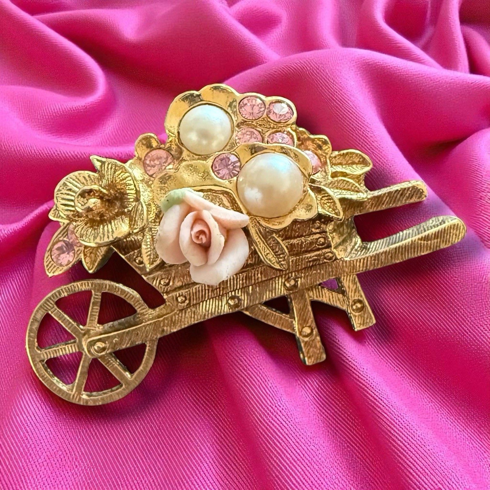 1928 Jewelry Floral Wheelbarrow Brooch Gold Tone Pink Rhinestone Vintage