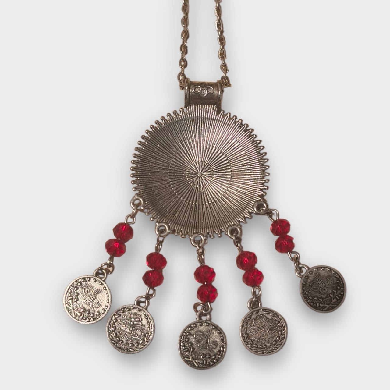 Vintage Silver ToneBoho Ethnic Necklace Coins Pendant Red Beads Womens Jewelry