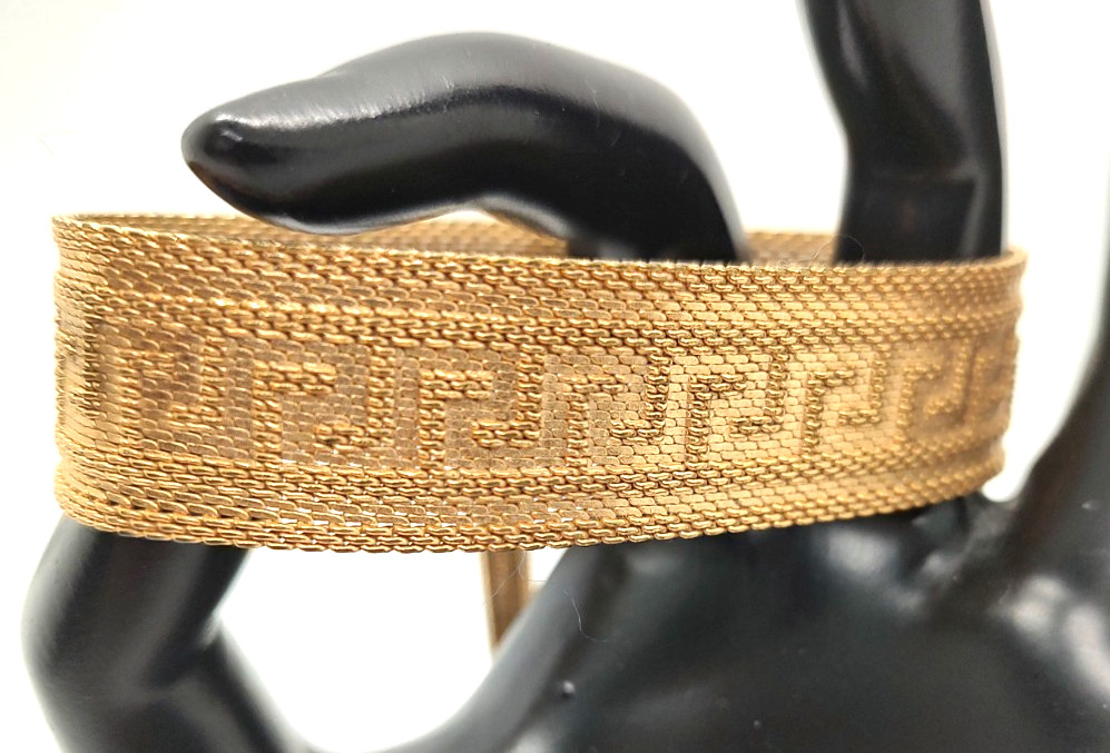 Art Deco Byzantine Greek Key Chain Tassel Gold Tone Mesh Slide Bracelet!