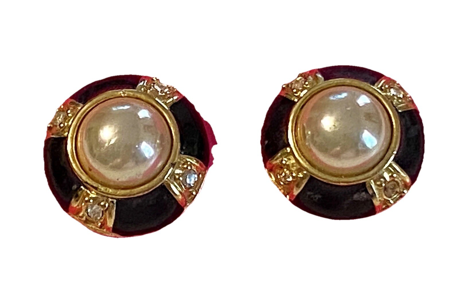 Vtg Gold Tone Roman Chunky Faux Pearl Black Enamel Pierced Earrings About 1” Dia