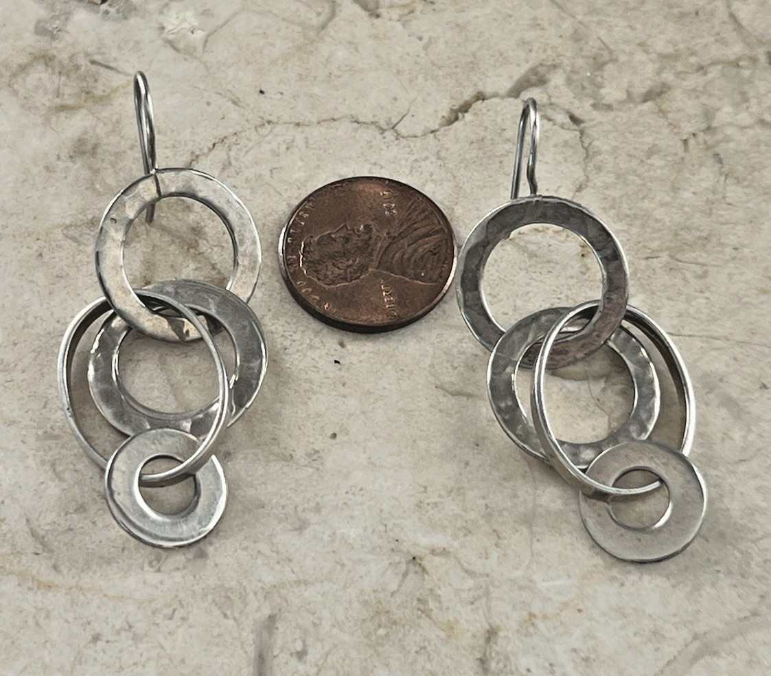 Vintage Sterling 9225 Multi Circle Hoop Dangle Drop Earrings 2 1/4″