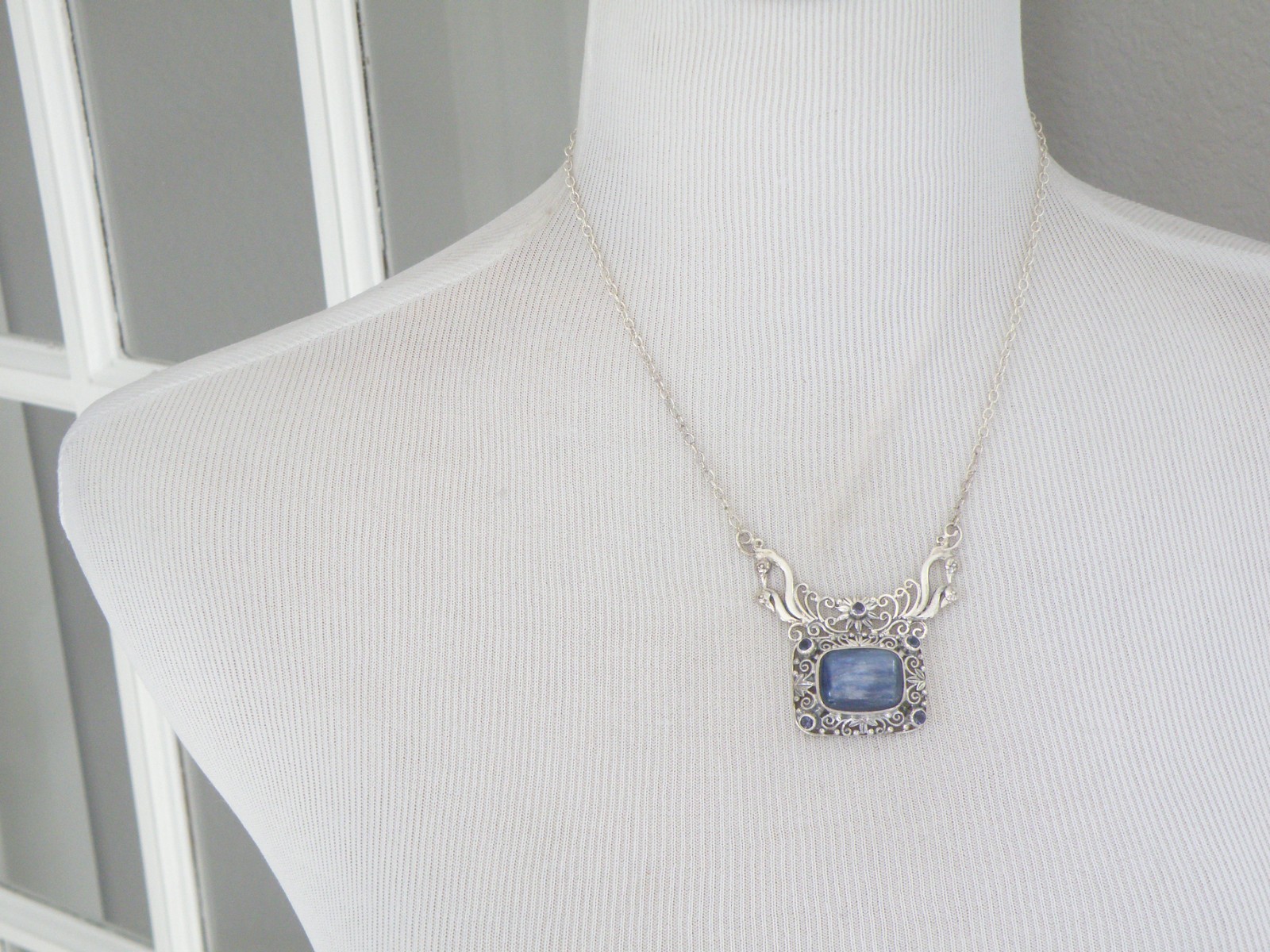 Sterling Silver 925 Natural Kyanite Iolite Art Nouveau Style Necklace 18″