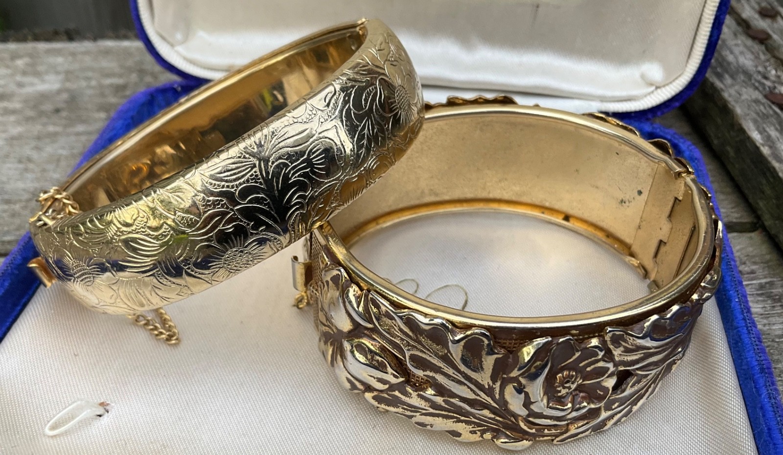 Vintage CUFF BANGLE BRACELETS Repousse Floral Nouveau Wide Gold Tone Finish