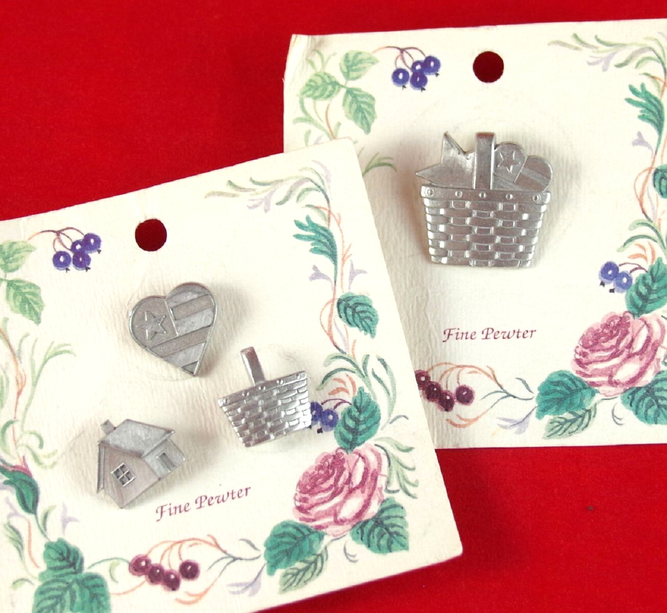 Lot 2 NOS VTG FINE PEWTER PICNIC BASKET, SET 3 HOUSE FLAG HEART BROOCH LAPEL PIN