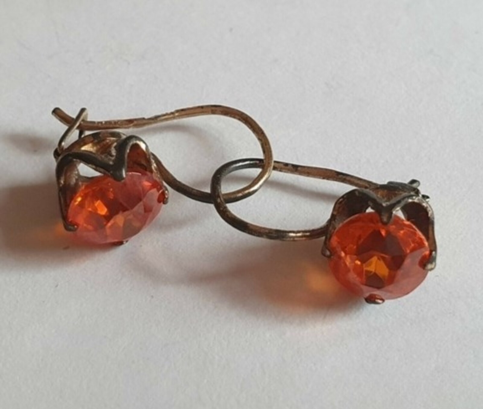 Vintage Earrings 875 ⭐ silver Soviet USSR Weight 2.6 g. Orange gem. Gilding.