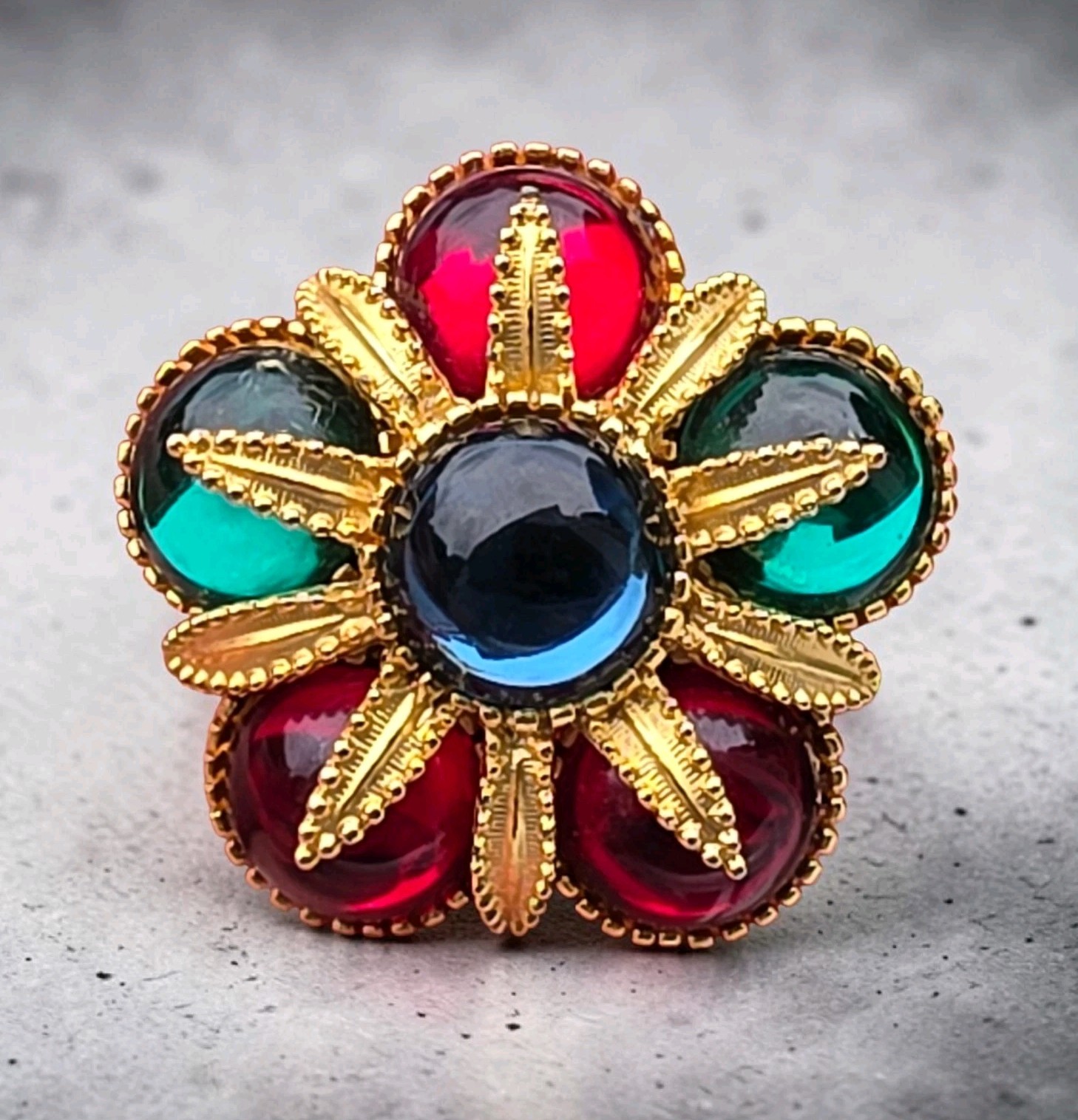 Vintage Signed Sphinx Multicolor Mughal Gripoix Glass Cabochon Floral Brooch 2”