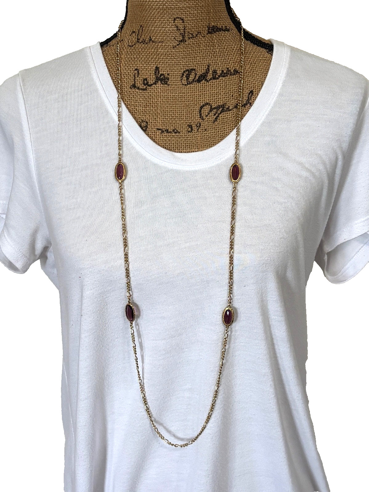 1928 Brand Amethyst Purple Crystal Bezel Necklace Goldtone Figaro Link Chain 44″