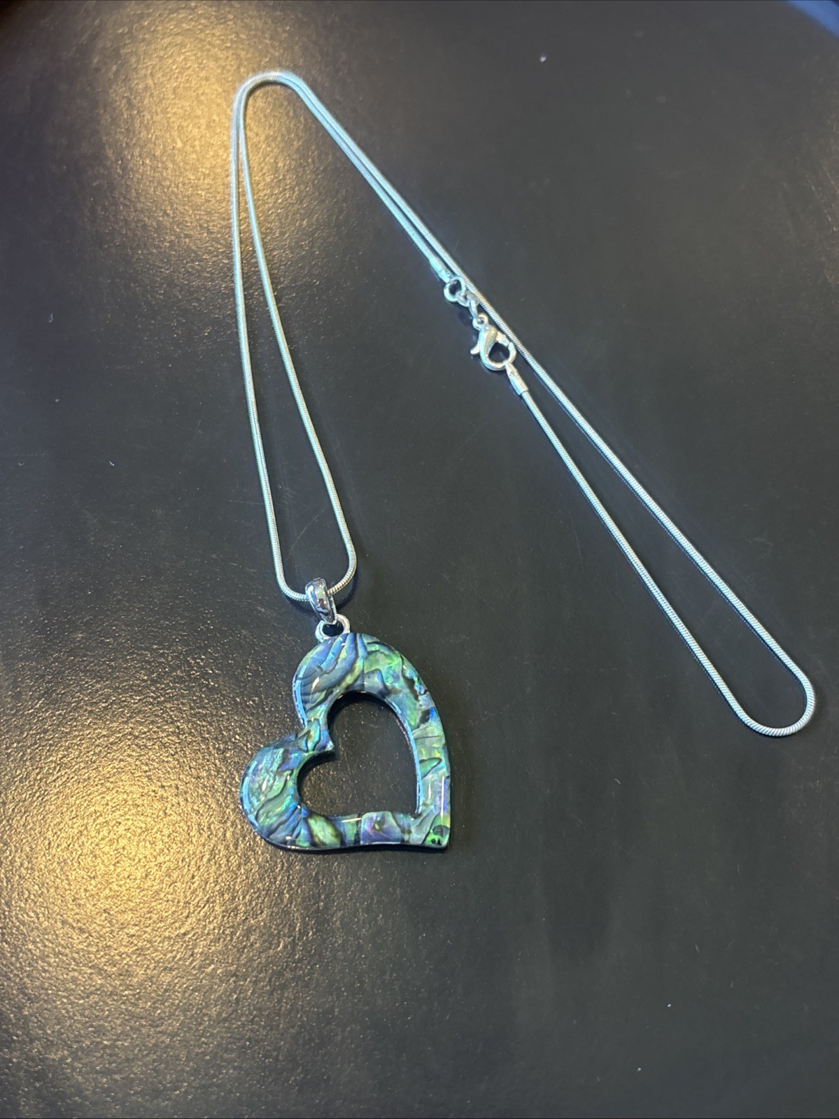 Sterling Silver Chain Abalone Shell Heart Pendant Necklace Paua 24”
