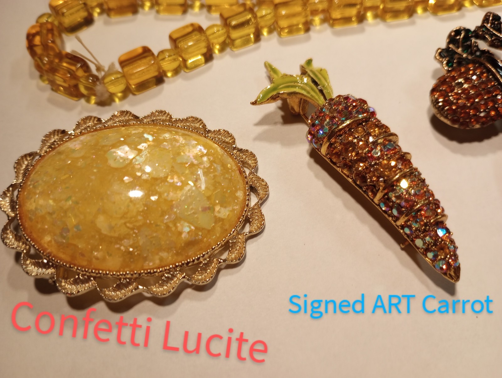 Vtg 5pc Lot FALL COLORS 1 Necklace 4 Brooch Enamel Butterfly Confetti ART Carrot