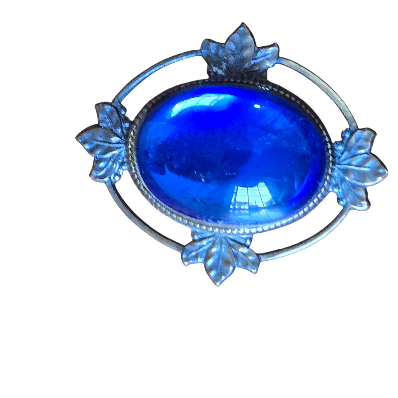 Vtg Blue Foiled Glass Cab Brooch Foliate Details Dbl Border Setting 1.5″ x 1.25″