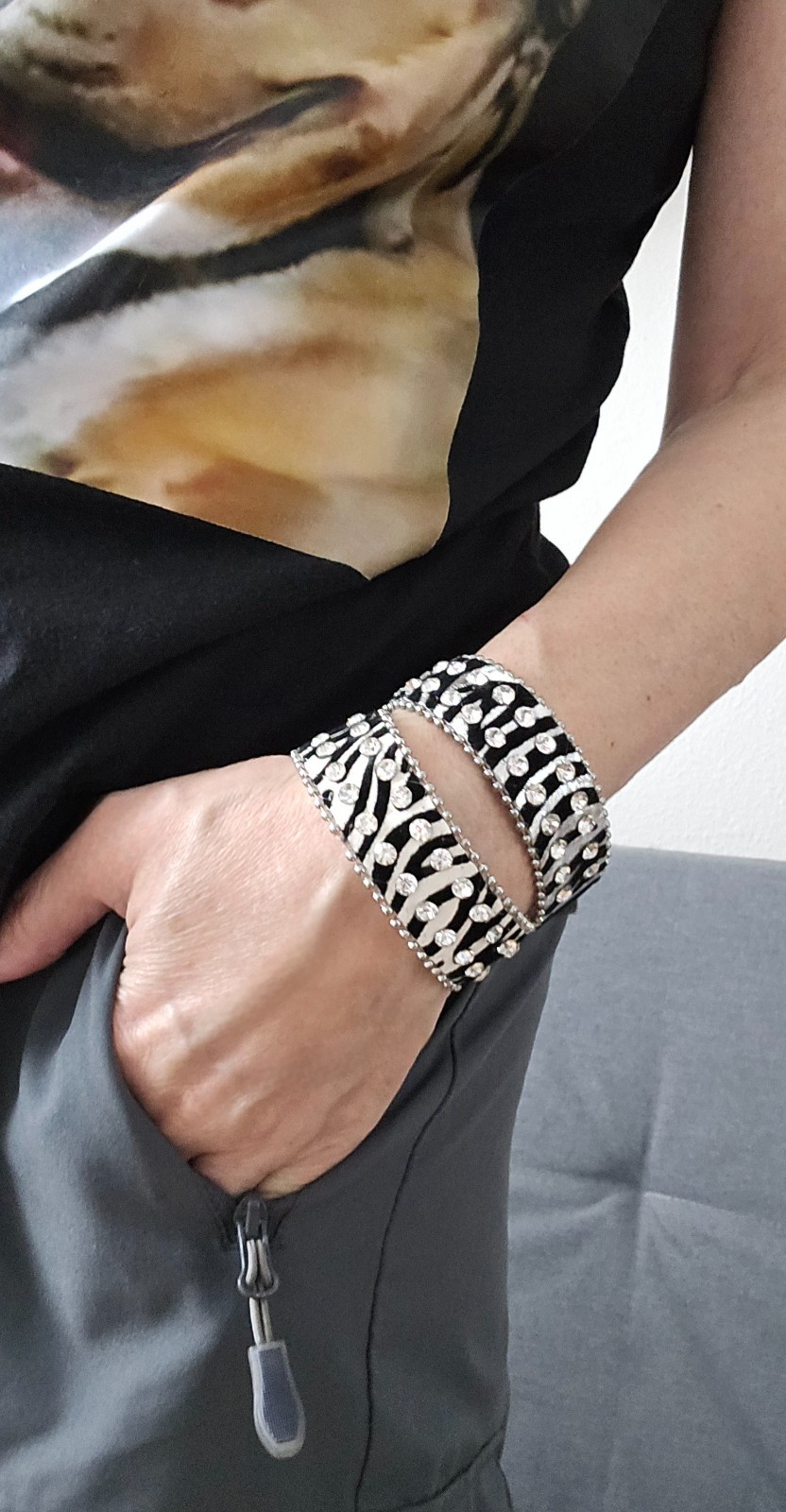 Zebra Print Rhinestone Wrap Bracelets Snap Leather Crystal Cuff Bracelet 12 pcs
