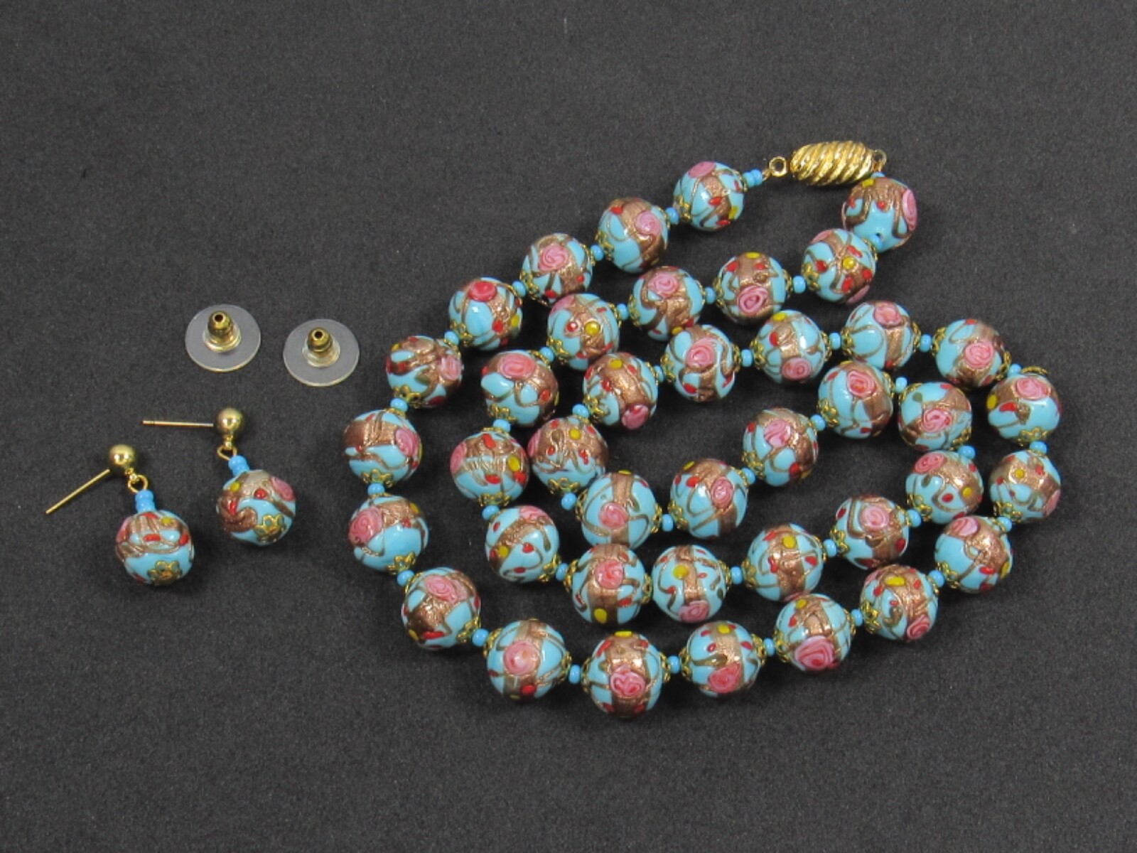 Italy WEDDING CAKE Gold Pink Red Blue Bead Strand NECKLACE Pierced EARRINGS SET