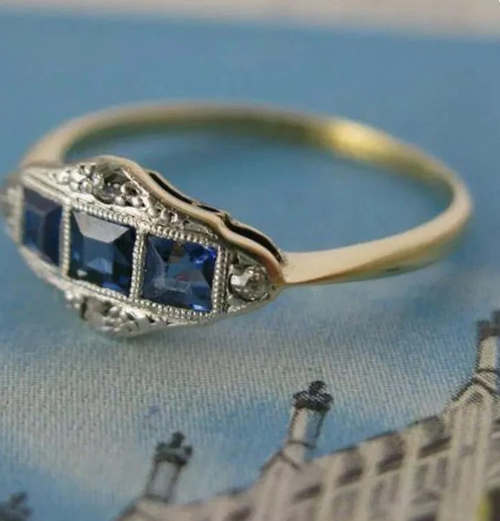 Art Deco Vintage Style Sapphire Lab Created Diamond 14K Gold FN Engagement Ring